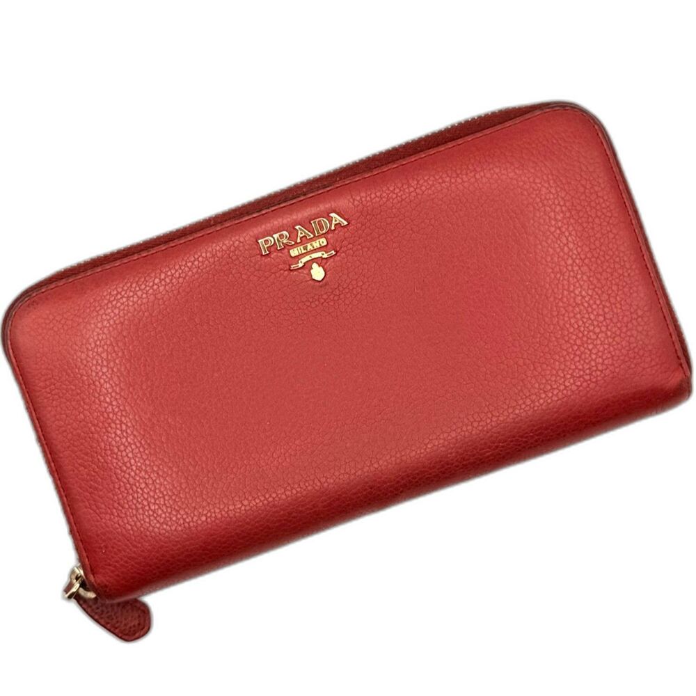 Prada Red Saffiano Leather Zip Around Continental Wallet Gold Hardware Authentic